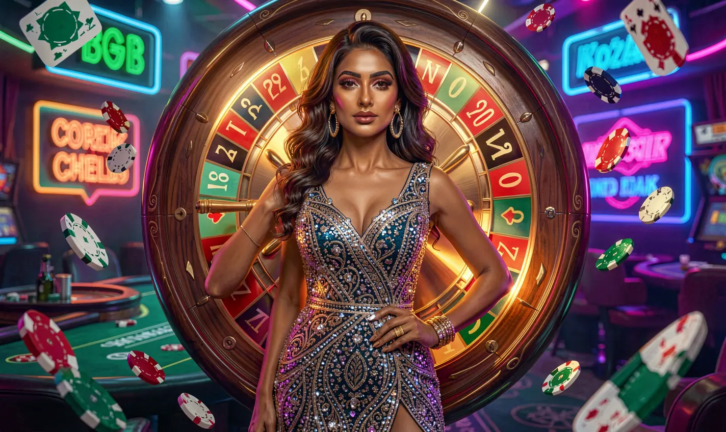 Confident glamorous casino woman surrounded by flying chips and a glowing roulette wheel highlighting the excitement of TTTPH casino bonuses Philippines