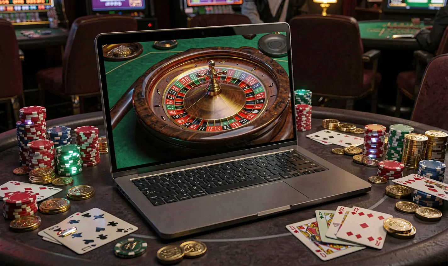 Close up view of a live roulette wheel on a laptop screen surrounded by casino chips and cards showcasing the immersive TTTPH online casino experience for players