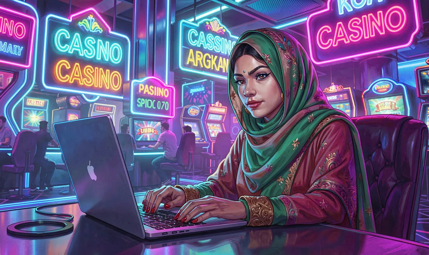 Focused Philippines woman playing online casino games on a laptop in a vibrant neon casino atmosphere while using TTTPH platform