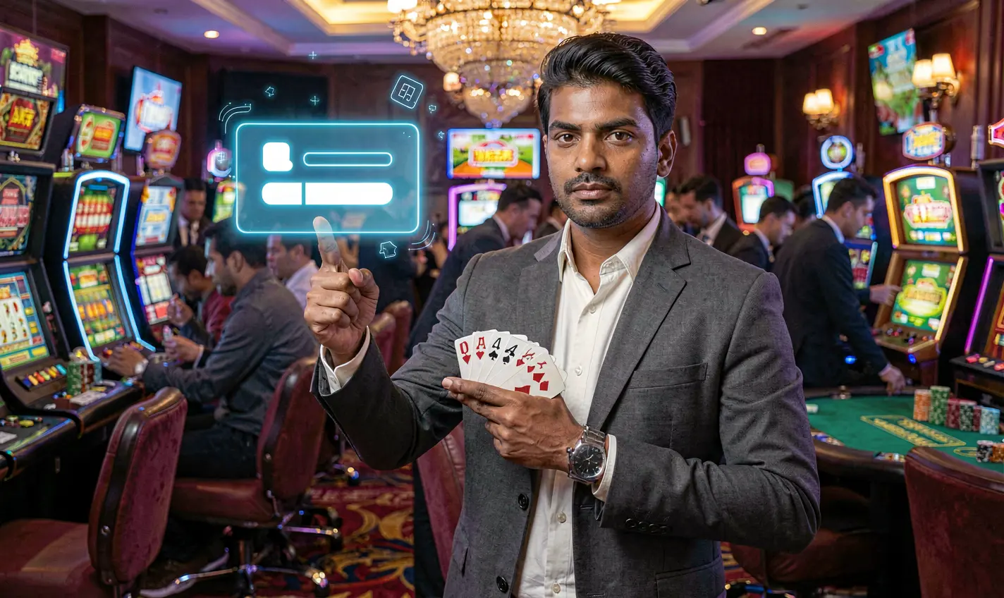 Confident Philippines casino professional welcoming players toward a floating holographic login button inside a vibrant TTTPH casino environment